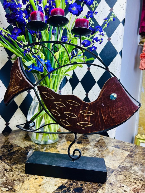 Folk‎ Art Fish Candle Holder Tall 16 Inch – Wood & Metal 3 Votive Sculpture